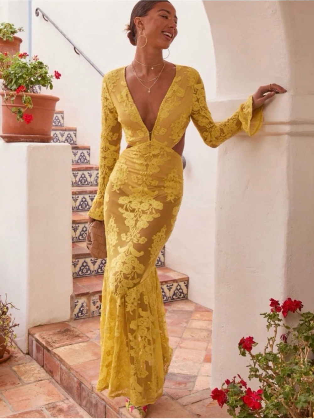 Vici Yellow Lace Deep-V Mermaid Maxi Dress